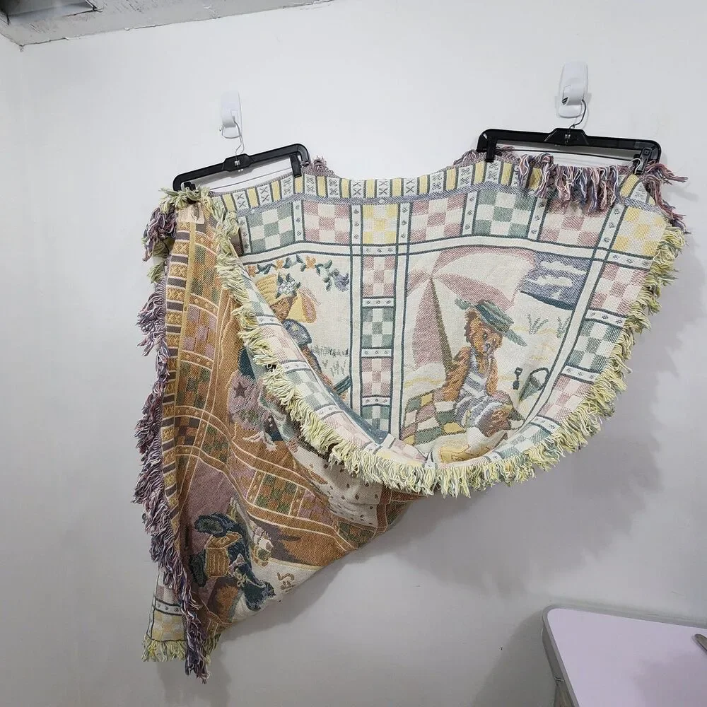 Vintage Teddy Bear Woven Tapestry Throw Blanket Fringe Farmhouse Country 66x48